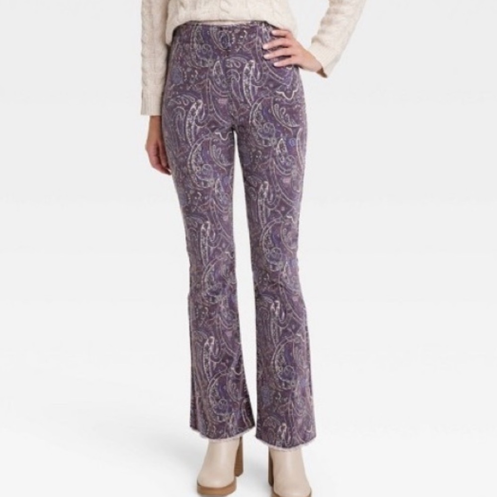 Knox Rose Purple Paisley Print High Rise Corduroy Flared Pants